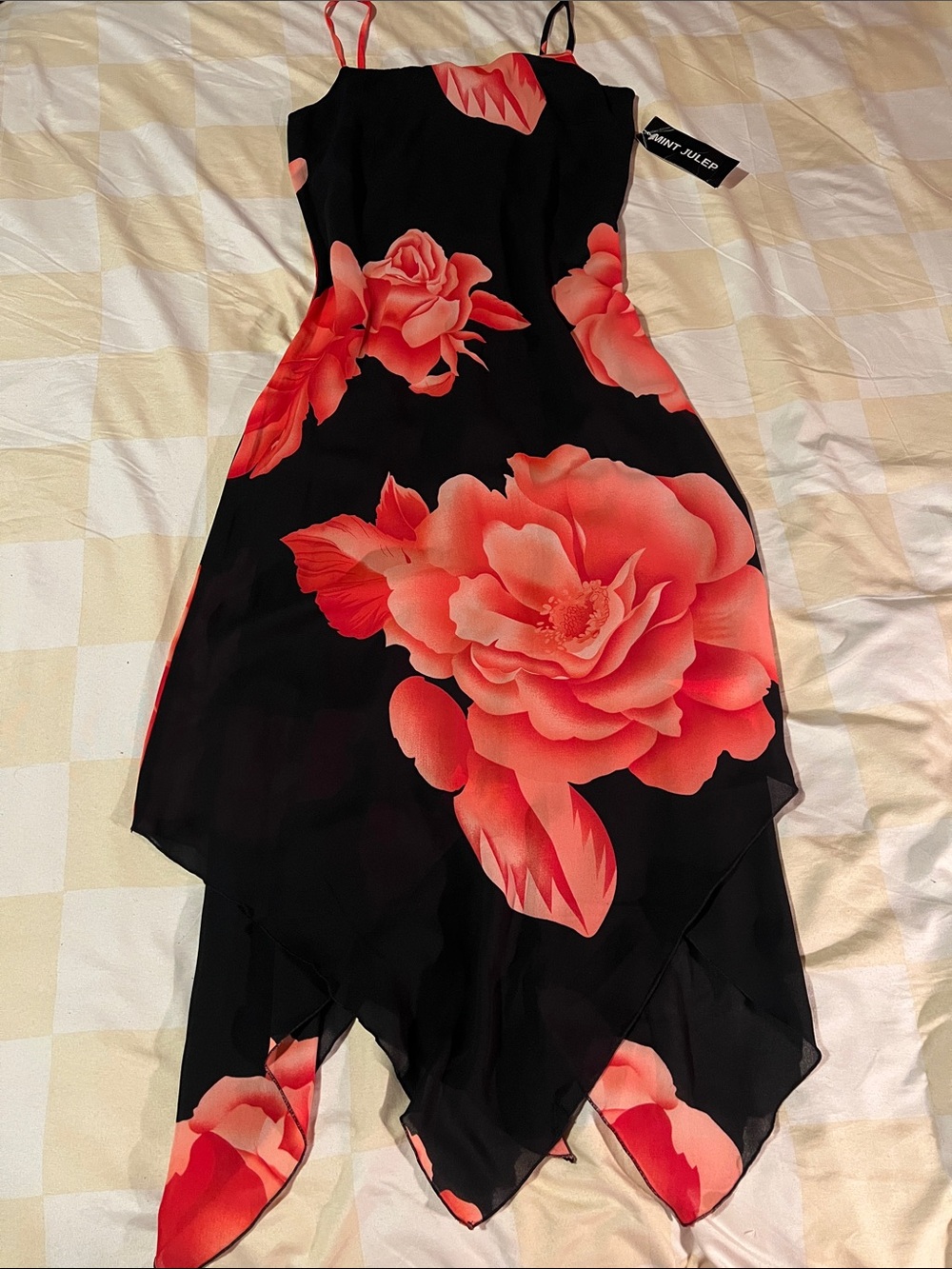 Saint Jules Black Asymmetrical Dress with Red Floral Print